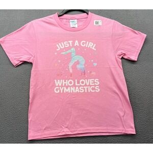 Port & Company Shirt Youth Girls Sz 7/8 Pink Gymnastics Tee Gymnast Short Sleeve